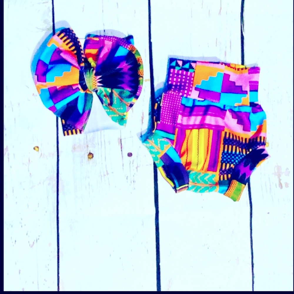 African Print Baby diaper cover girls bow set